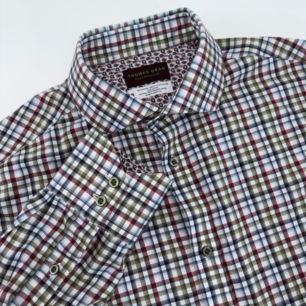 Thomas Dean‎ Performance Mens Medium Check Button Down Shirt Multi Color Paisley